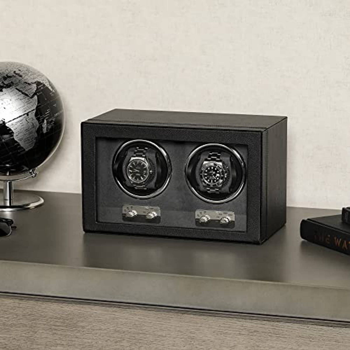 Black double watch winder with two watch compartments under a front lid