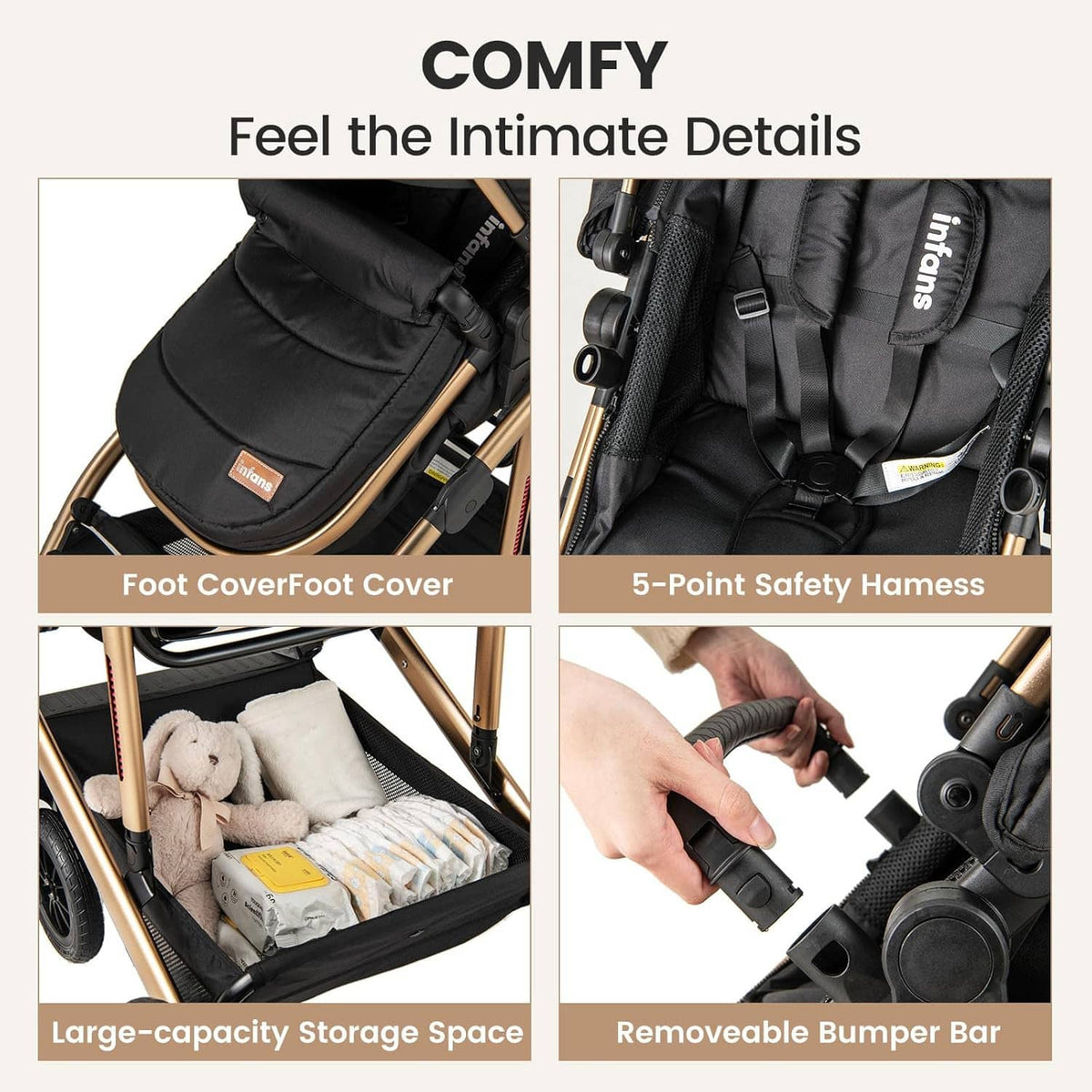 Baby stroller with foot cover, 5-point safety harness, and storage space shown