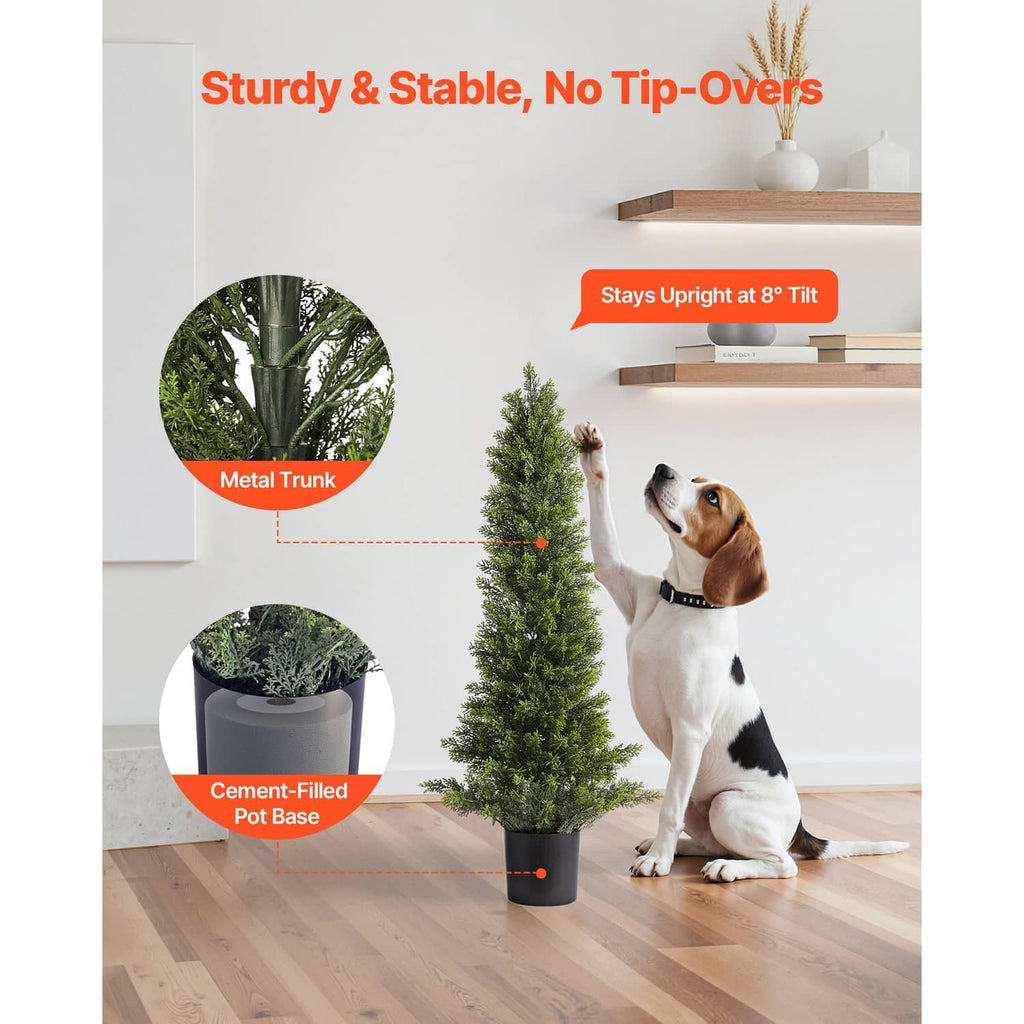 Artificial cedar topiary tree in black pot with steady metal trunk support