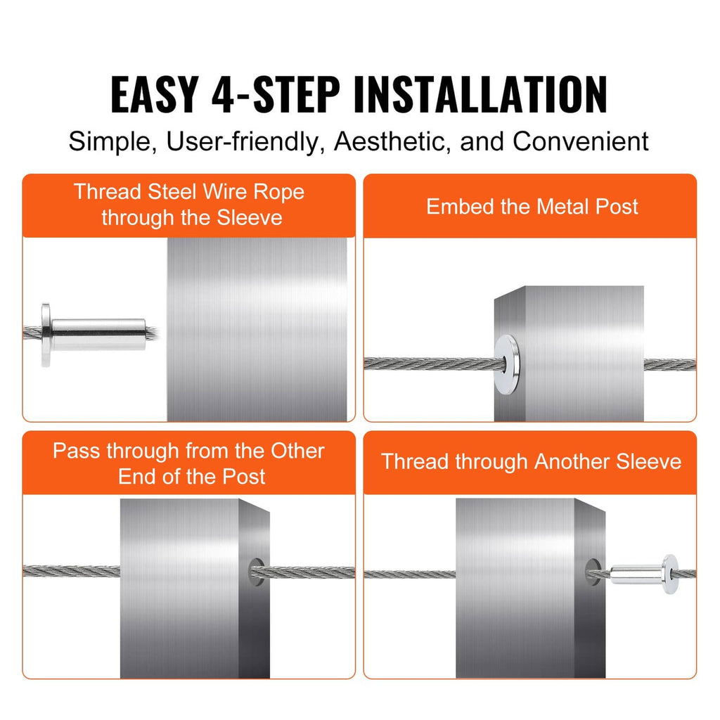 Stainless steel wire rope sleeve installation steps with wire rope and metal posts