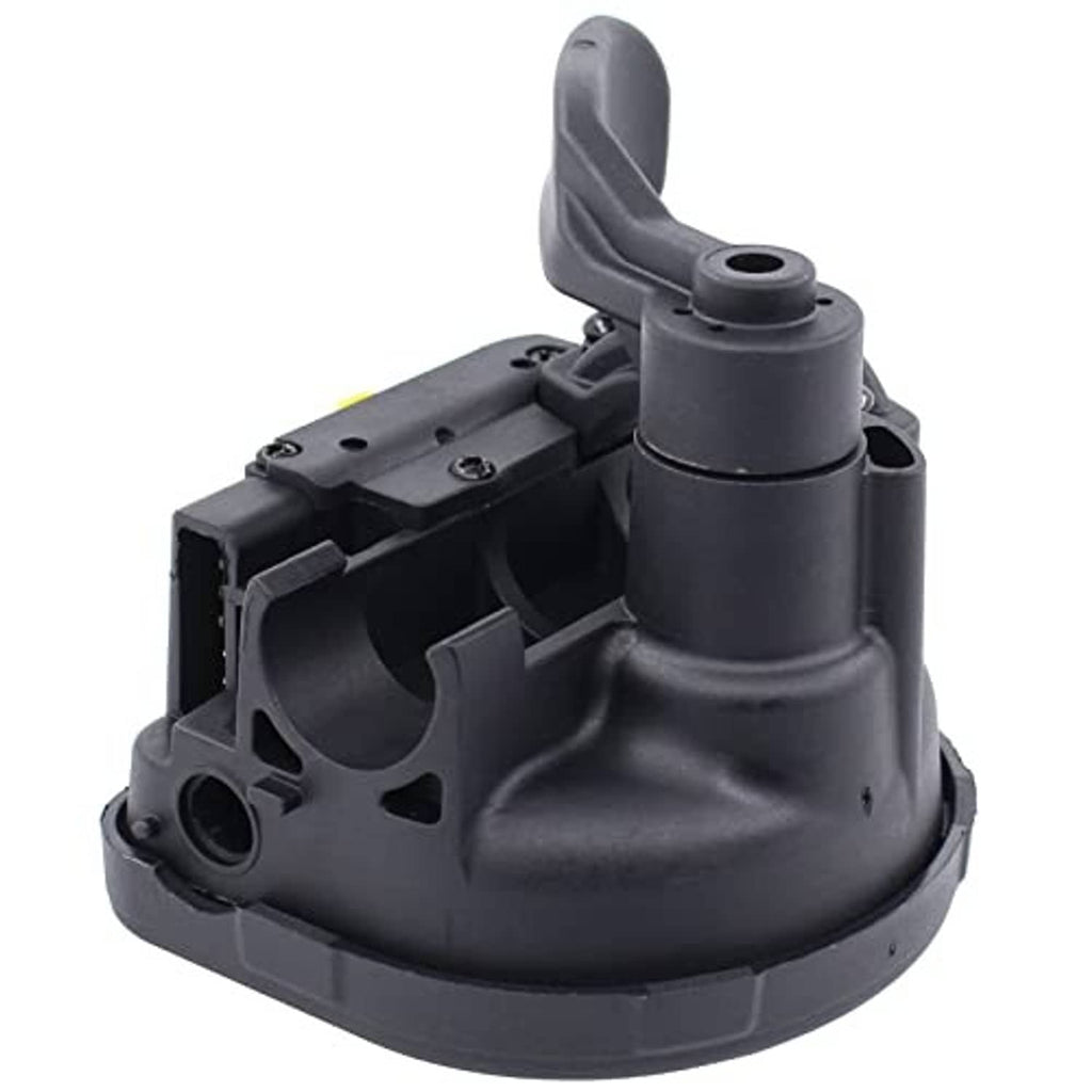 Black throttle lever with raised housing details and circular mounting opening