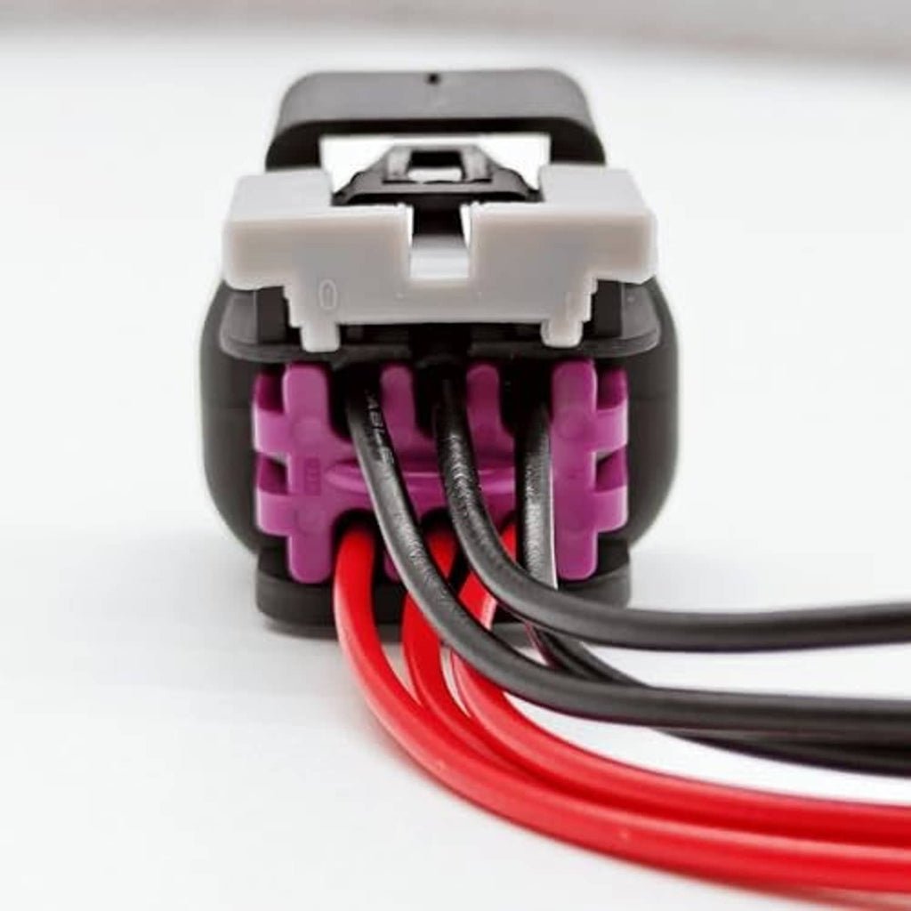 Throttle body connector pigtail with exposed terminals, purple and black connector housing