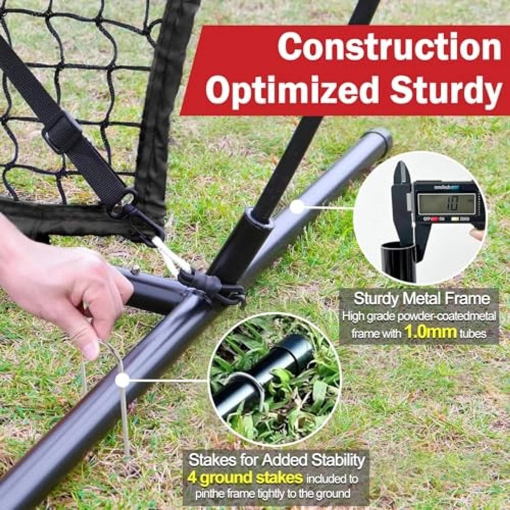 Sturdy metal frame and ground stakes for a baseball practice net