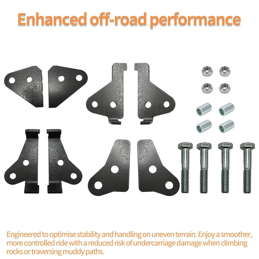 Black suspension lift brackets with mounting holes plus bolts and nuts