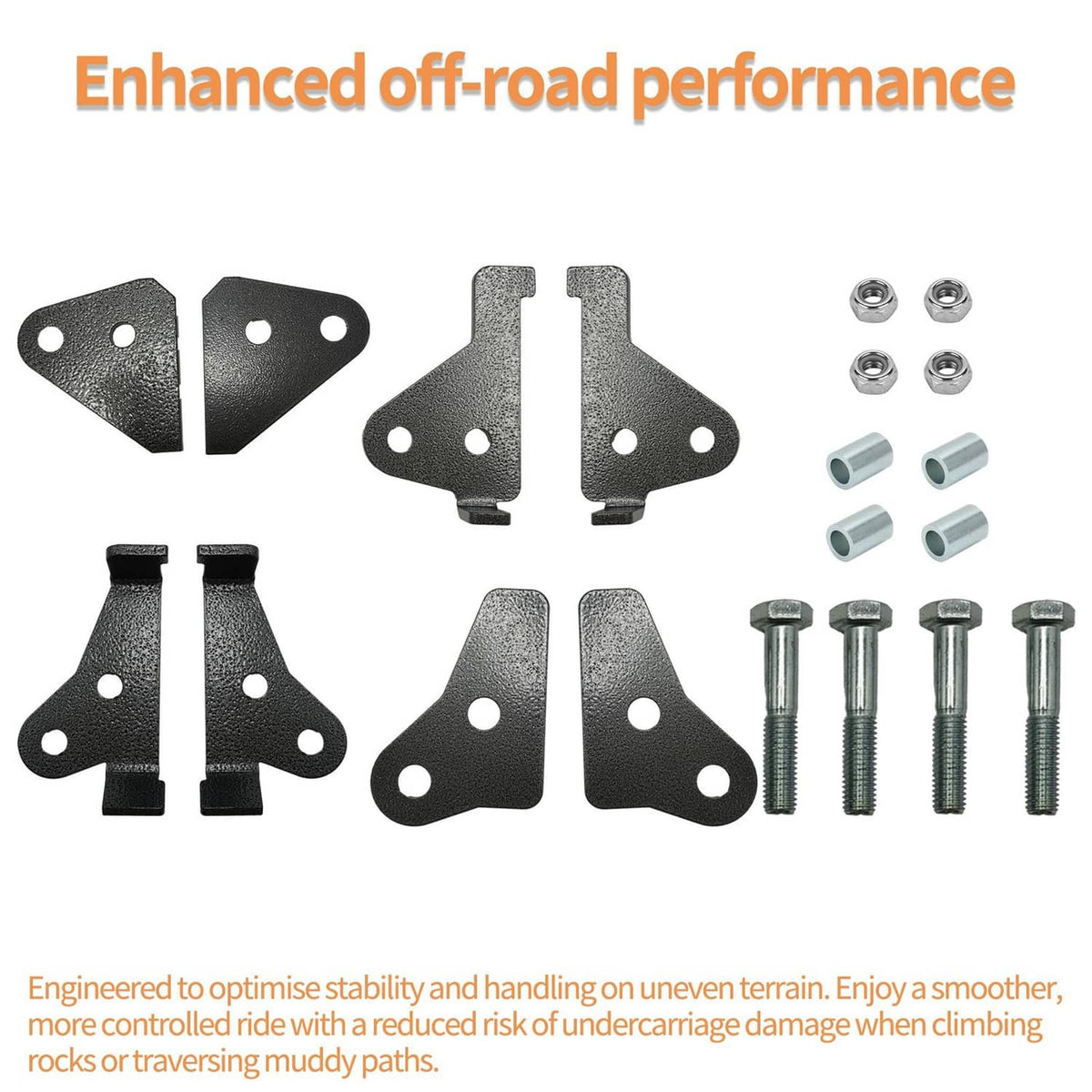 Black suspension lift brackets with mounting holes plus bolts and nuts