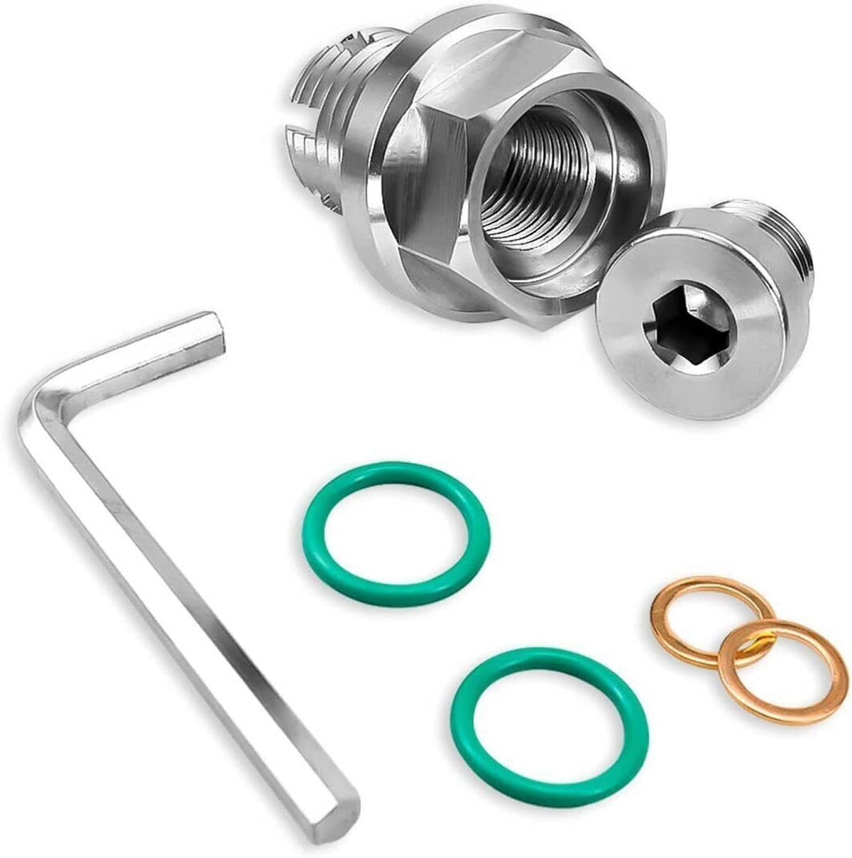 Stainless steel oil drain plug self-tapping repair kit with seals and hex key
