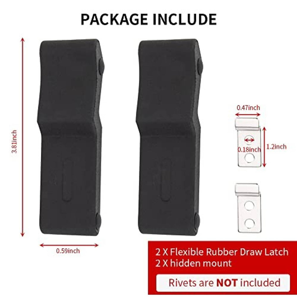 Package includes two black flexible rubber draw latches with mounting hardware