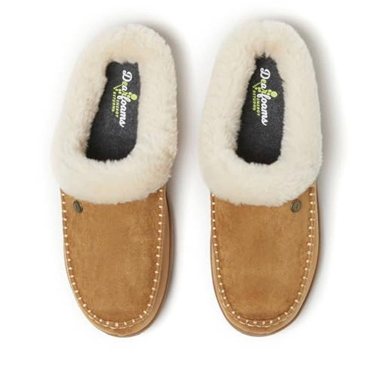 Pair of brown suede clogs with white faux-fur lining and printed logo on footbed