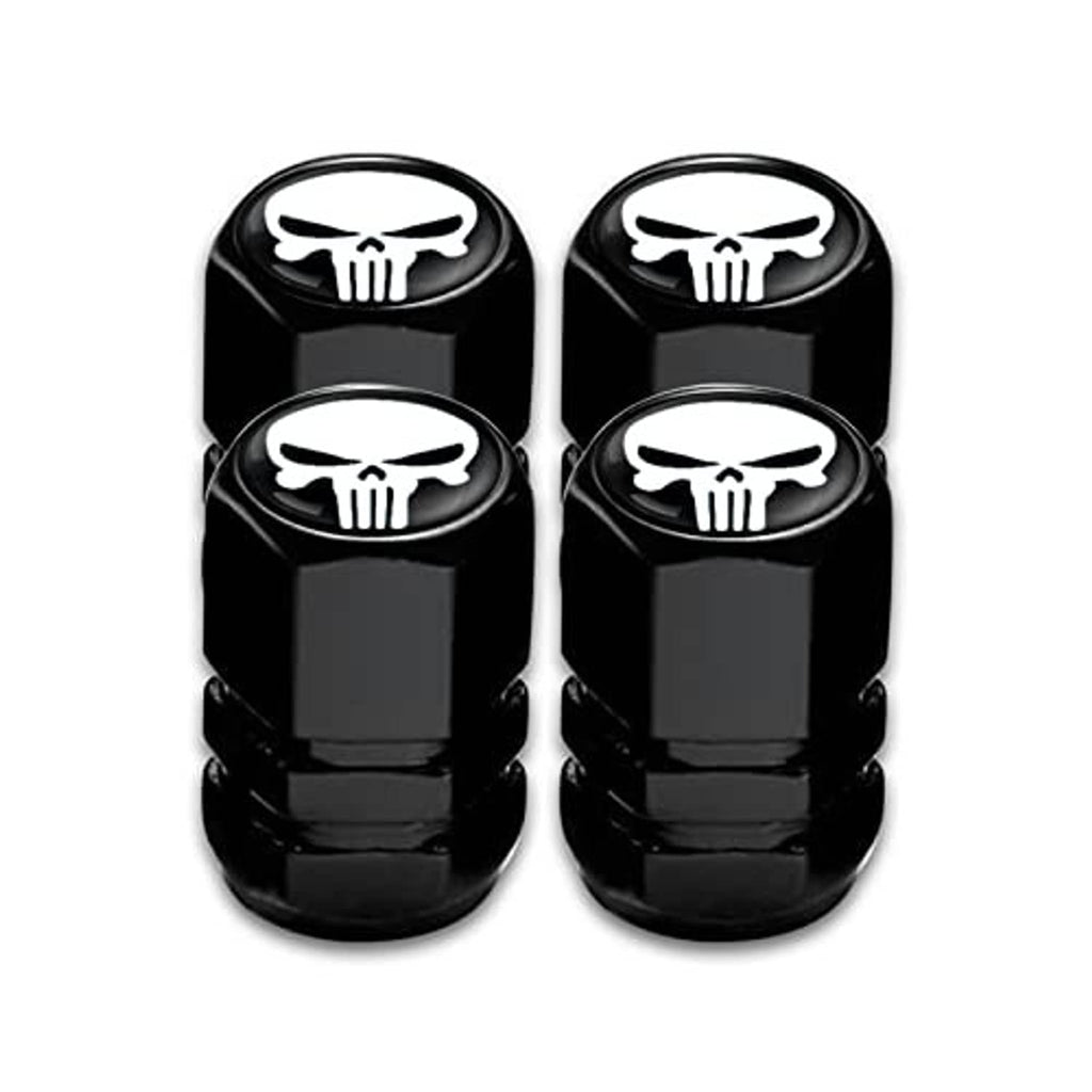 Four-pack of black wheel valve stem caps with white skull emblem, dustproof covers