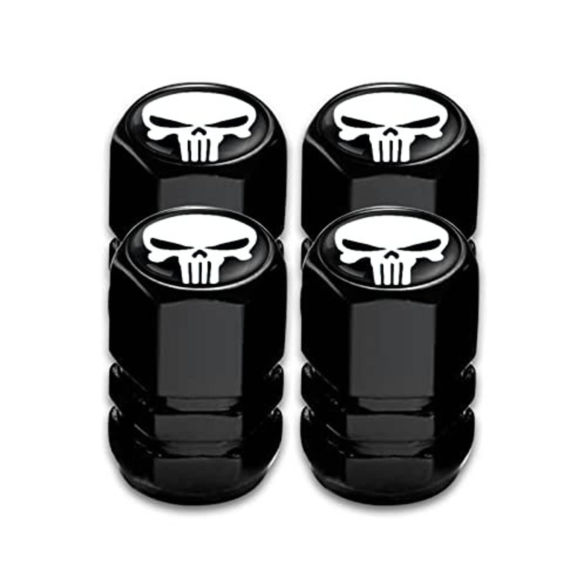 Four-pack of black wheel valve stem caps with white skull emblem, dustproof covers