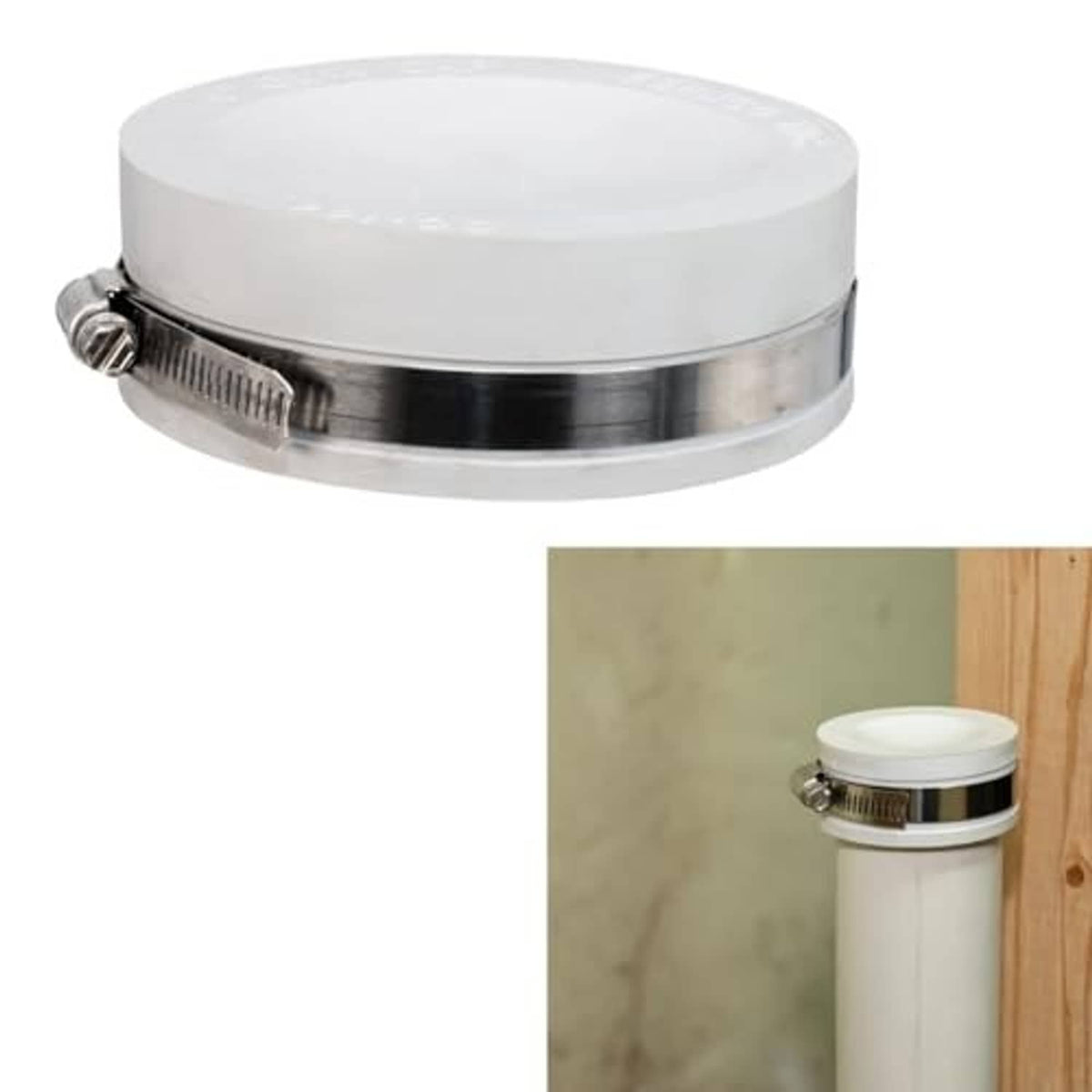 White flexible PVC pipe cap with clear top and stainless clamp band, angled view