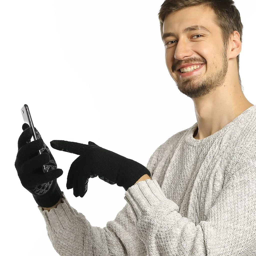 Black knit touchscreen gloves worn by a man with geometric pattern on fingers
