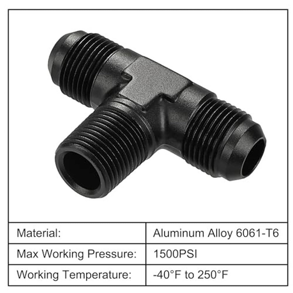 Black AN male flare to 1/2 NPT T fitting with aluminum body and threaded connections