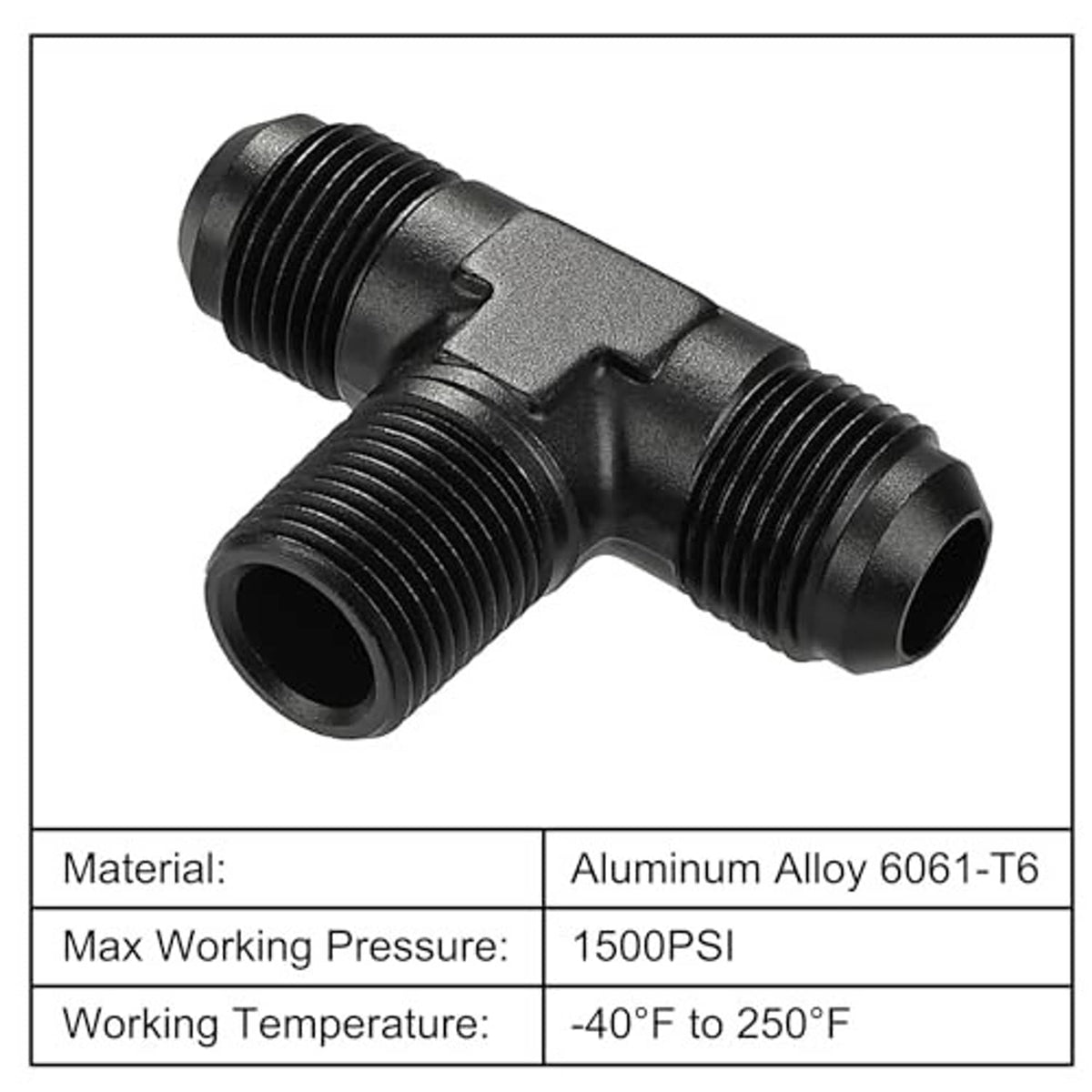 Black AN male flare to 1/2 NPT T fitting with aluminum body and threaded connections
