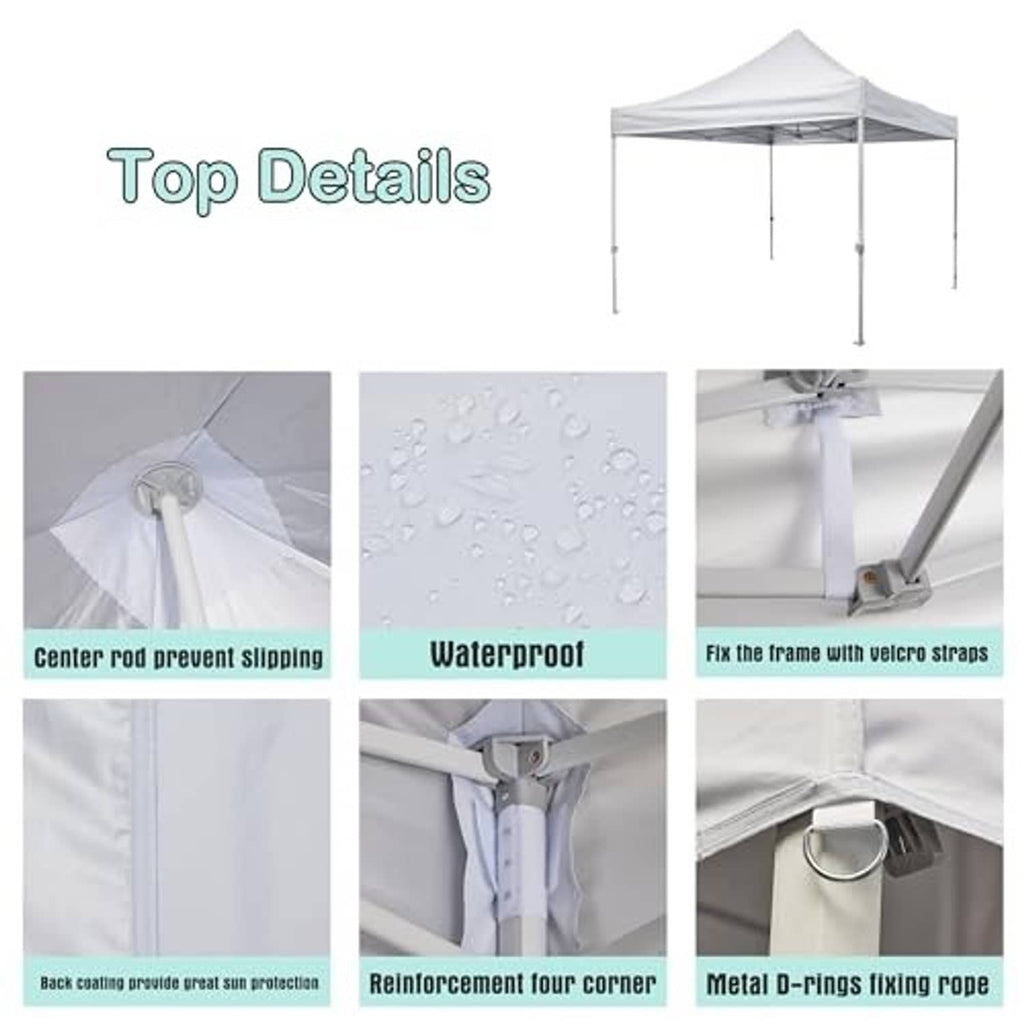 White tent canopy top details showing reinforced seams and frame connection points