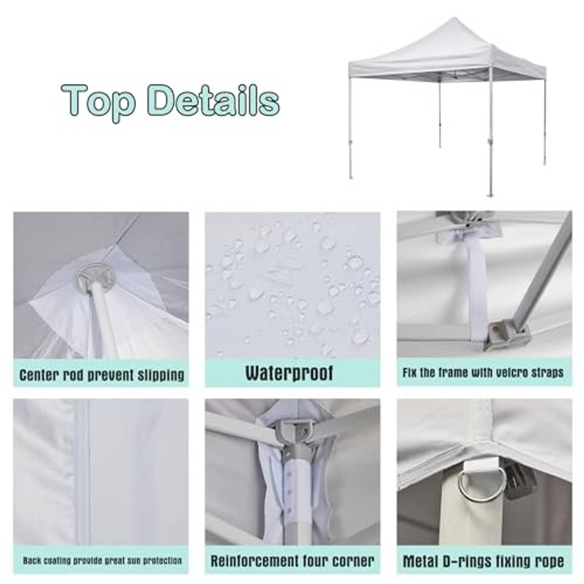 White tent canopy top details showing reinforced seams and frame connection points