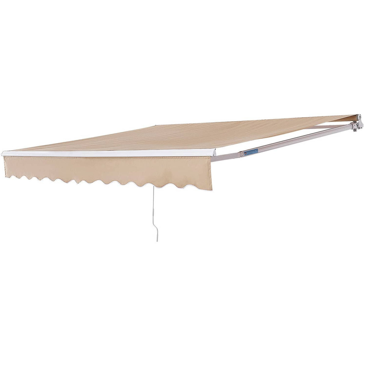 Retractable beige patio awning with scalloped front valance and extended metal frame arms