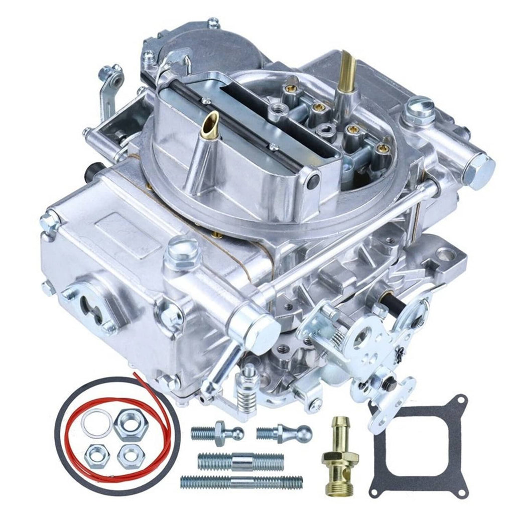 Silver 4-barrel carburetor with manual choke, side view with brass fittings and gasket