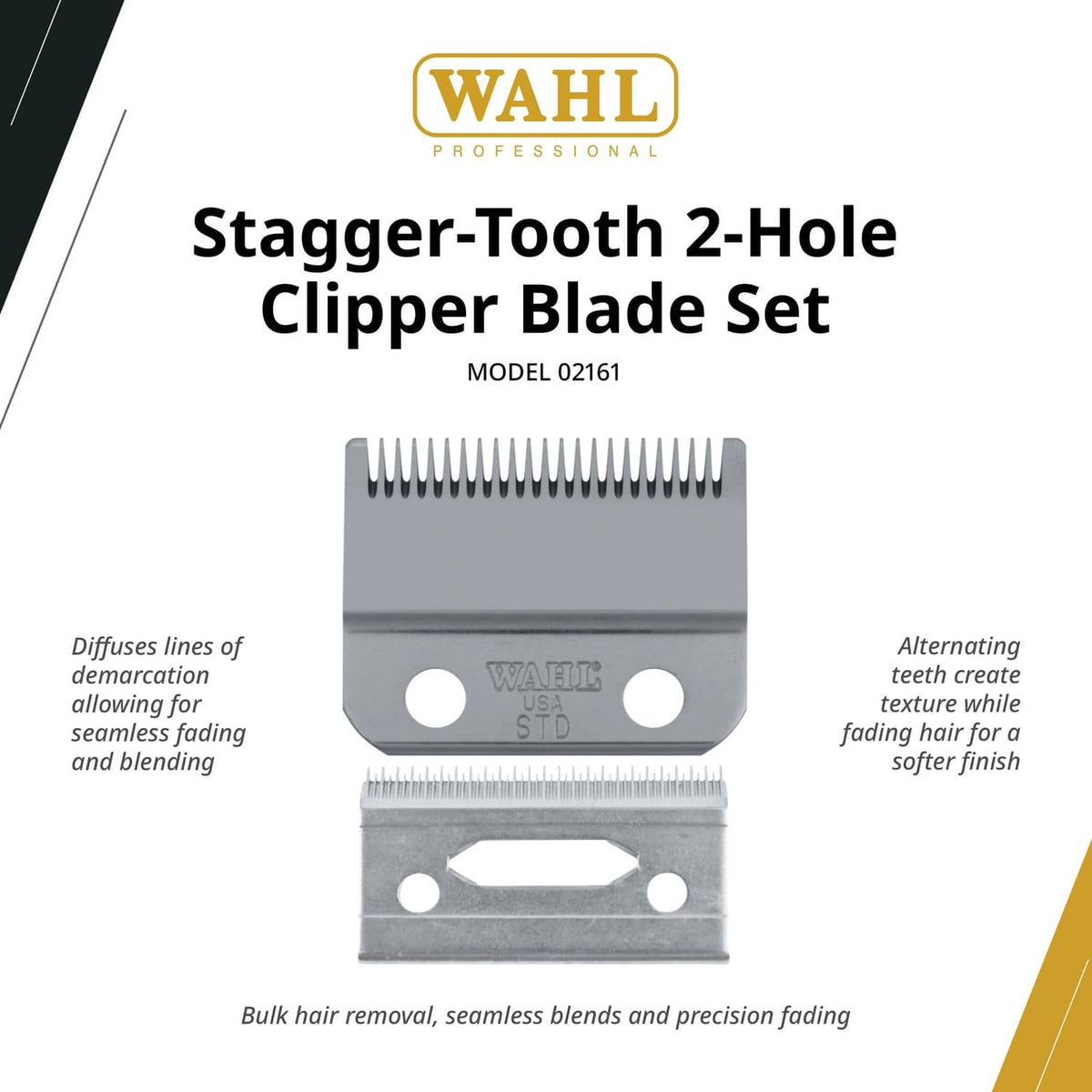 Stagger-tooth 2-hole clipper blade set, packaged with two blades shown