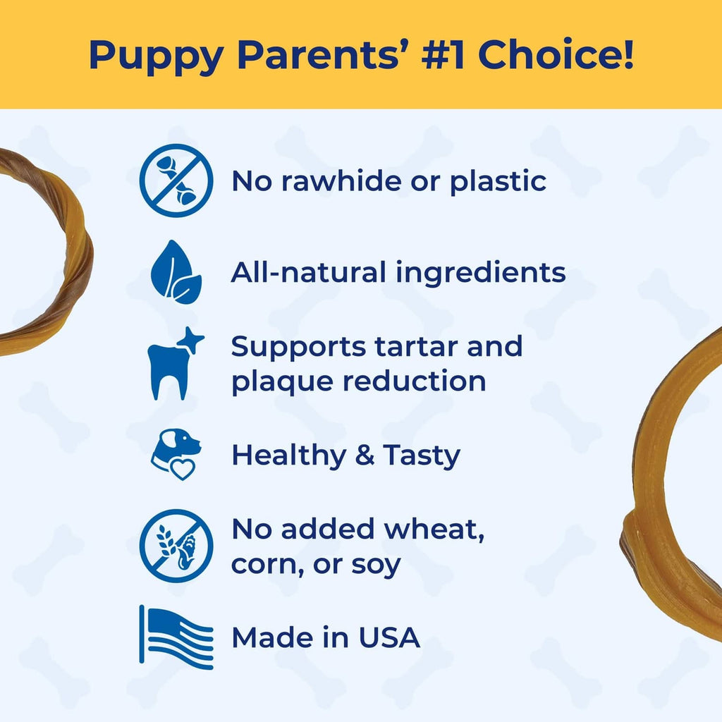 Puppy teething rings features panel with no rawhide or plastic badge