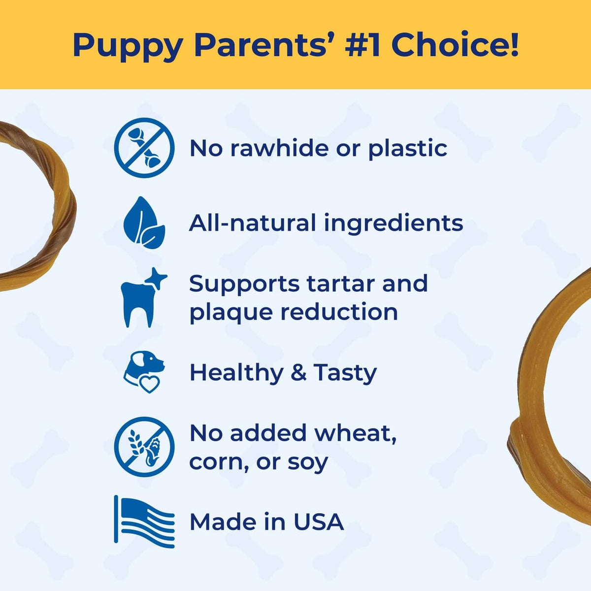 Puppy teething rings features panel with no rawhide or plastic badge