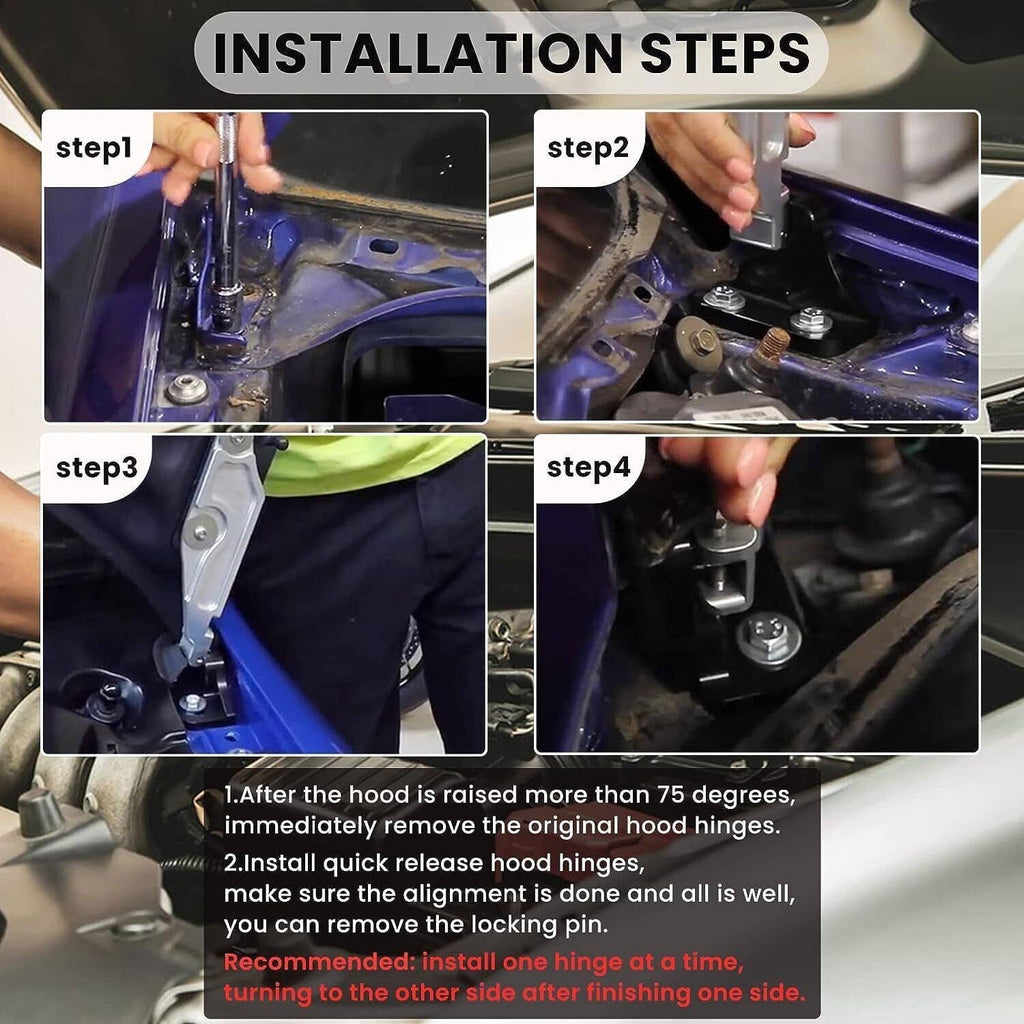 Hood quick release hinge latch installation steps with bracket and locking pin hardware