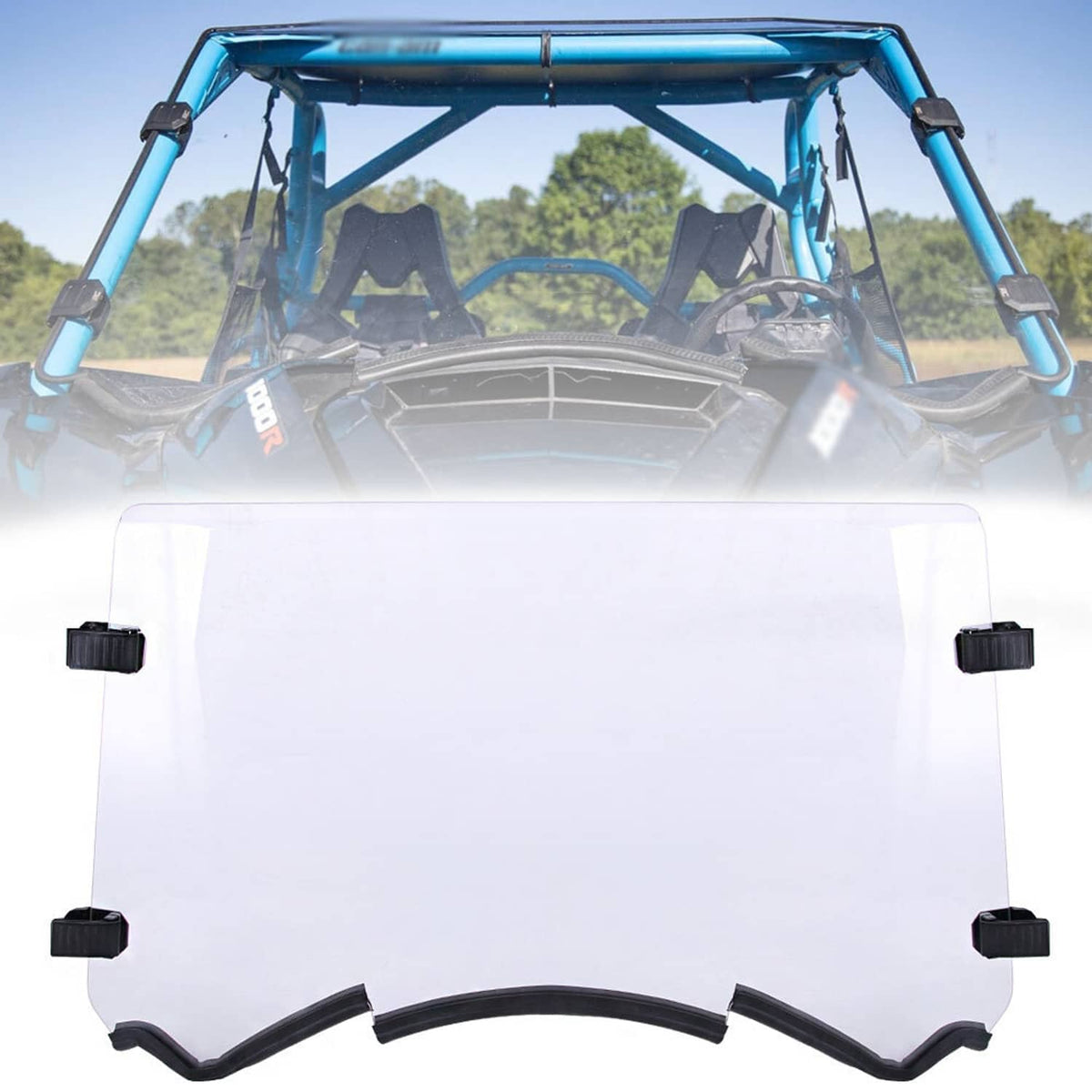 Clear windscreen panel with four black corner mounting brackets