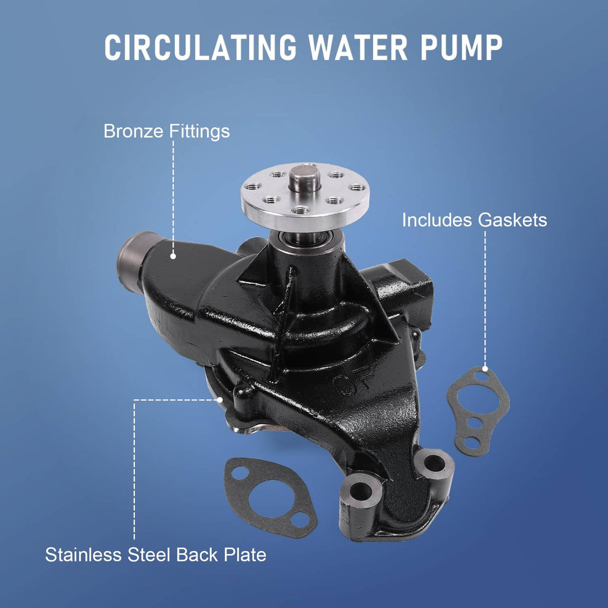 Black circulating water pump with silver flange and fittings, gasket included