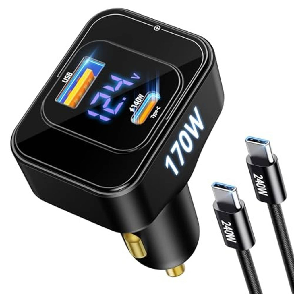 Black USB-C car charger adapter with LED voltage display and 170W label, side view