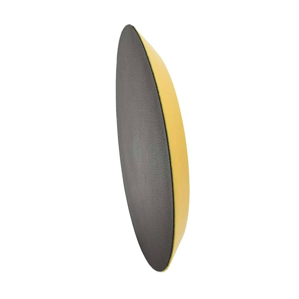 Side view of round sanding pad with dark gray abrasive layer and yellow backing edge.