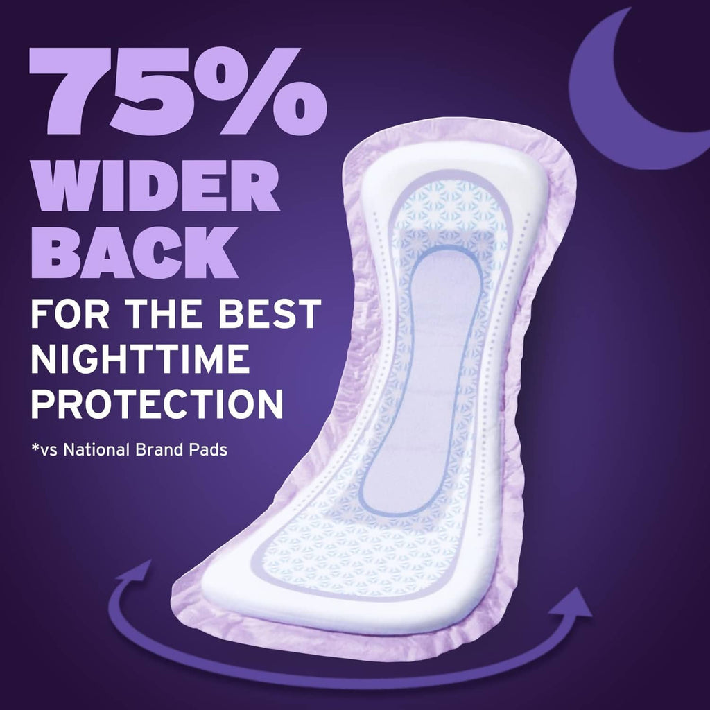 White overnight incontinence pad with wider-back coverage for nighttime protection