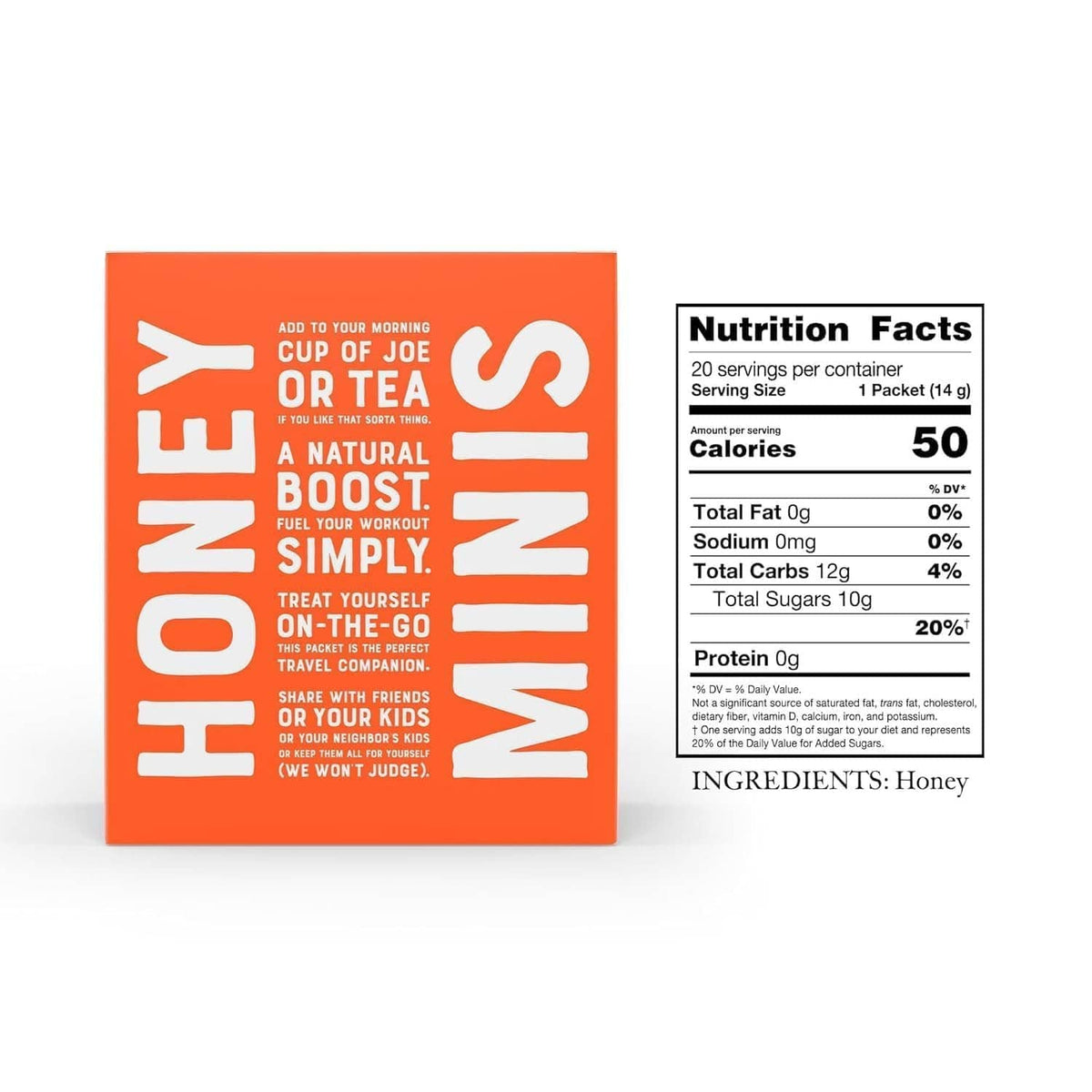 Nate's Honey Minis box with Nutrition Facts panel and ingredients: honey