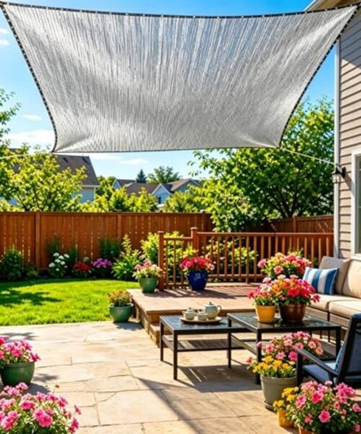 Aluminum shade cloth canopy stretched overhead with grommeted border above a garden patio
