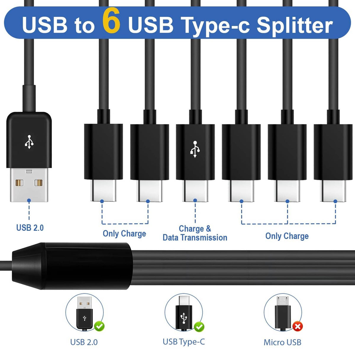 Black USB to Type-C splitter cable with six ports for charge and data transmission
