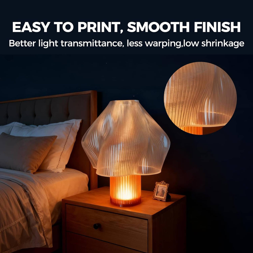 3D printed lamp shade with warm glow on a bedside table