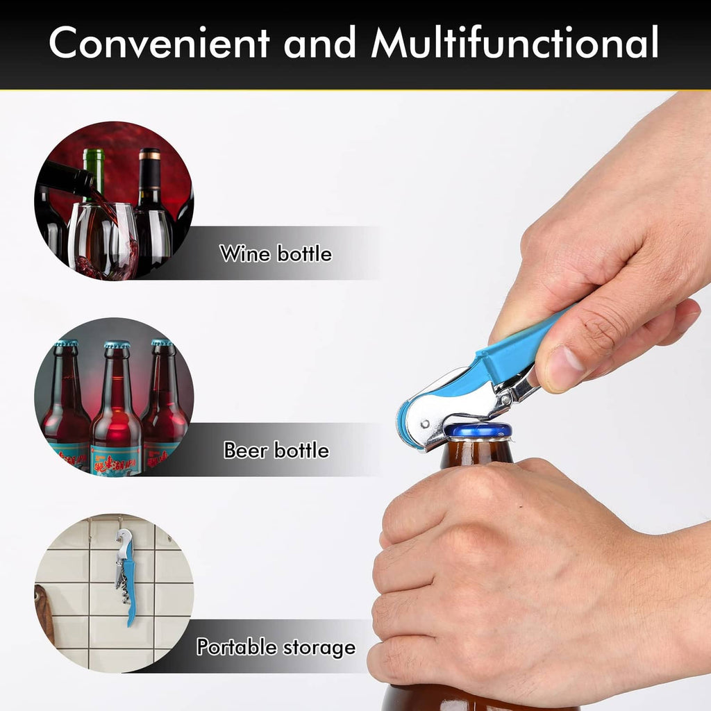 Blue waiter cork opener held in hand, ergonomic grip for wine bottles