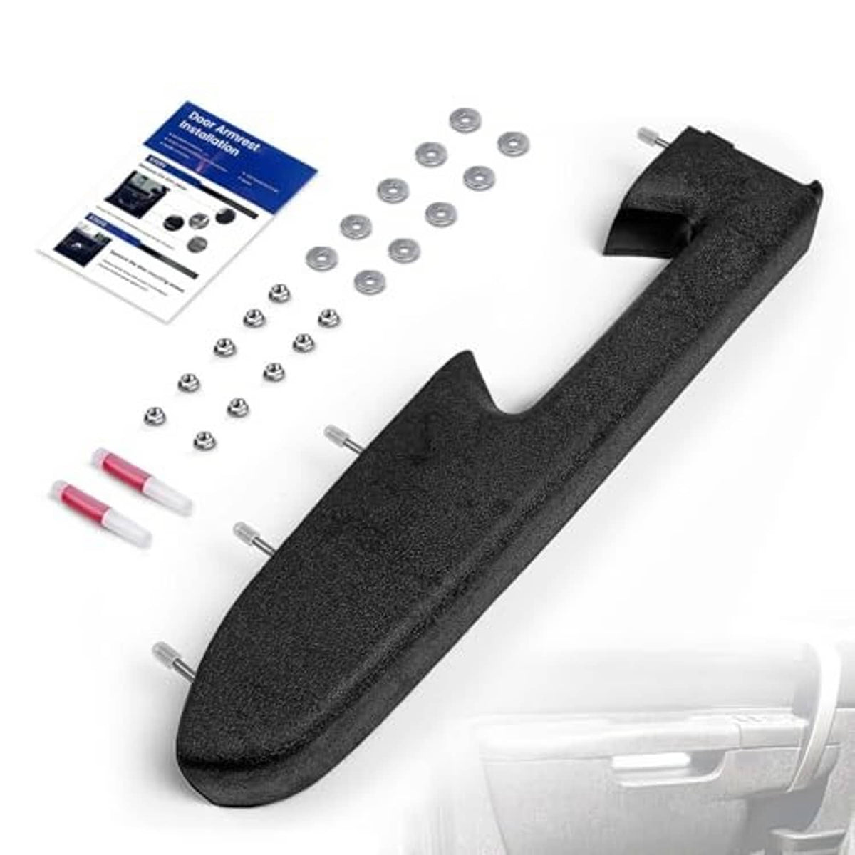 Black driver-side armrest repair kit with mounting bracket, hardware, and instruction card