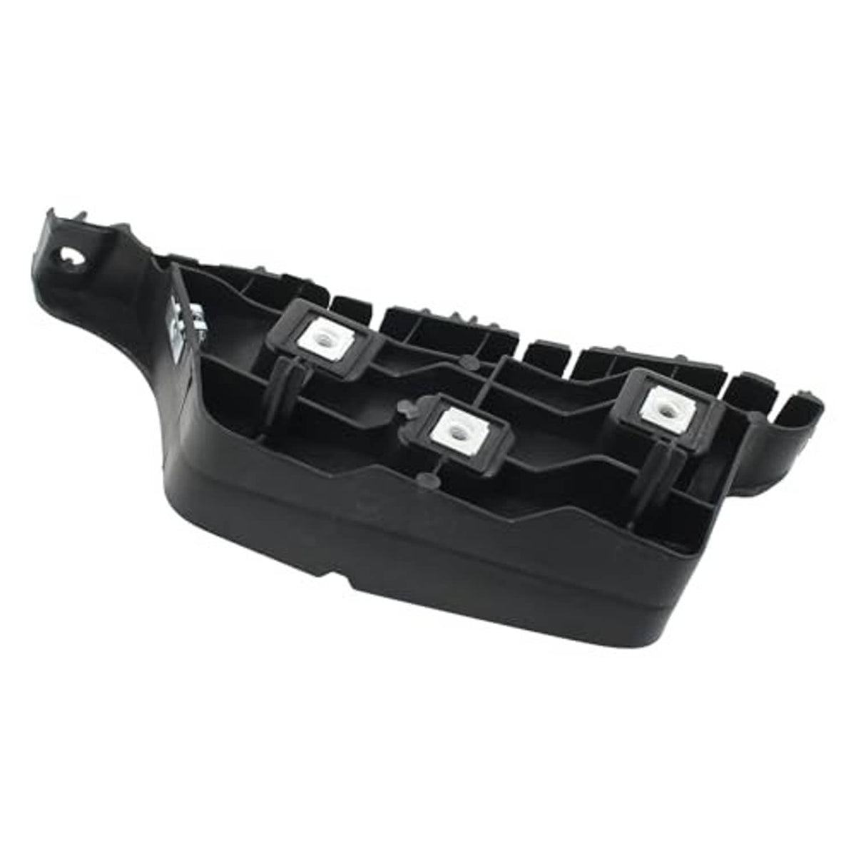 Single front bumper bracket retainer mount, black plastic with raised ribs and metal inserts