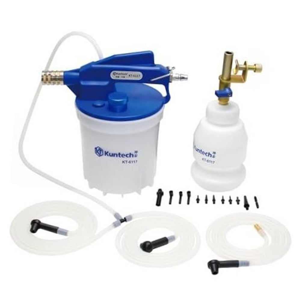 Vacuum brake bleeder kit with blue pump, white reservoir, hoses, and brass valve connector