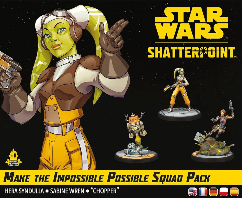 Star Wars Shatterpoint squad pack box front panel with character artwork and miniatures