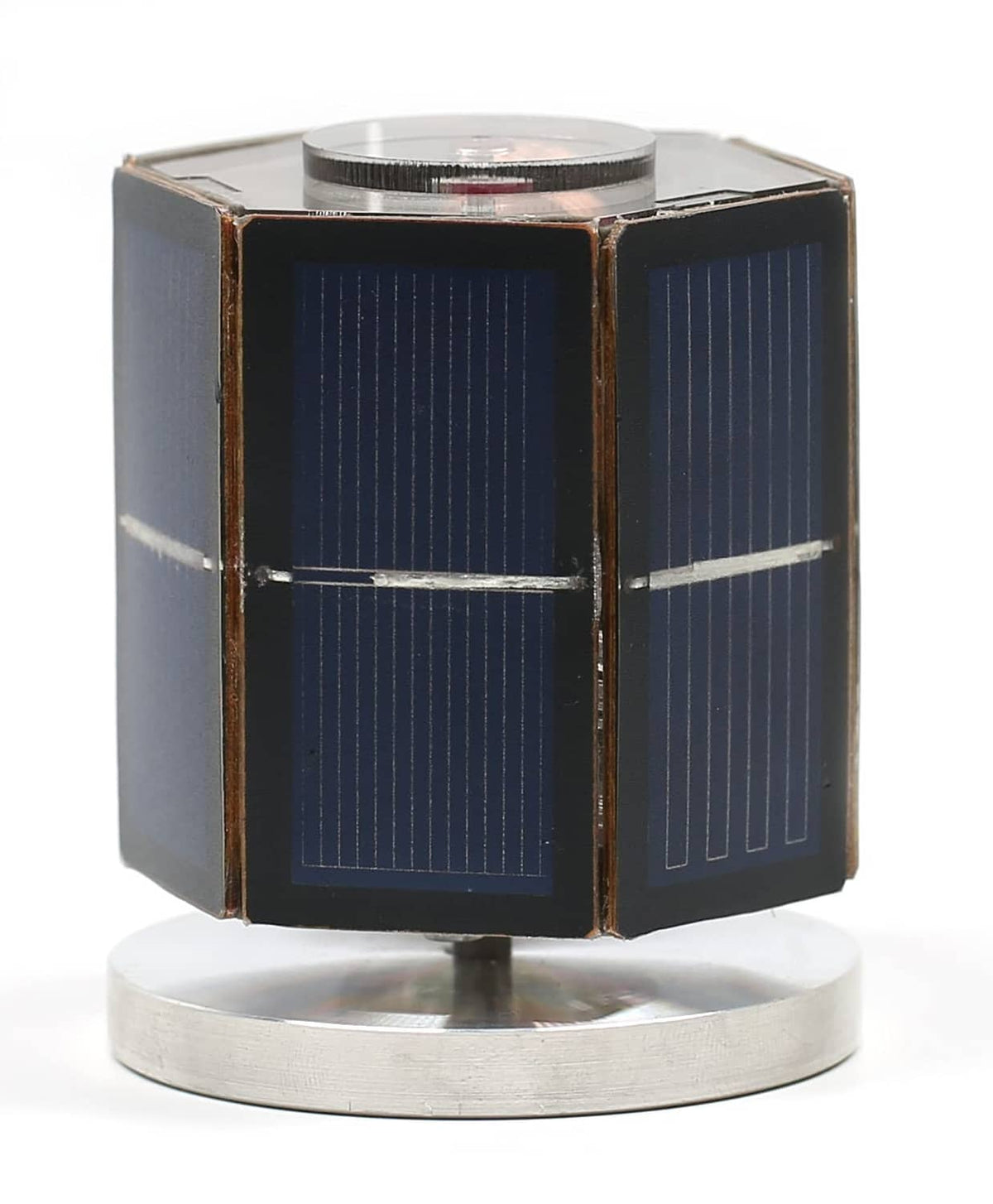 Solar motor educational toy with blue solar panel cube and round metal motor base