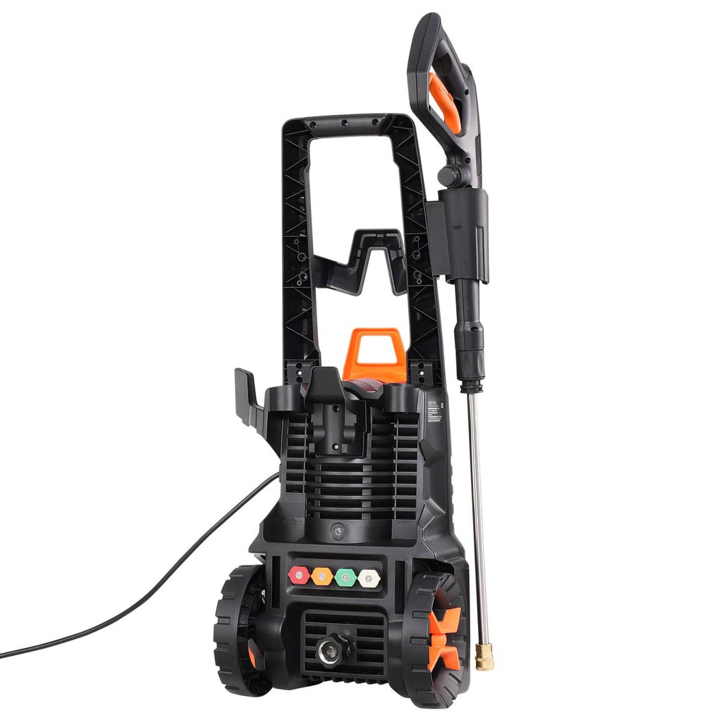 Electric pressure washer with black body, orange accents, wheels, and spray wand