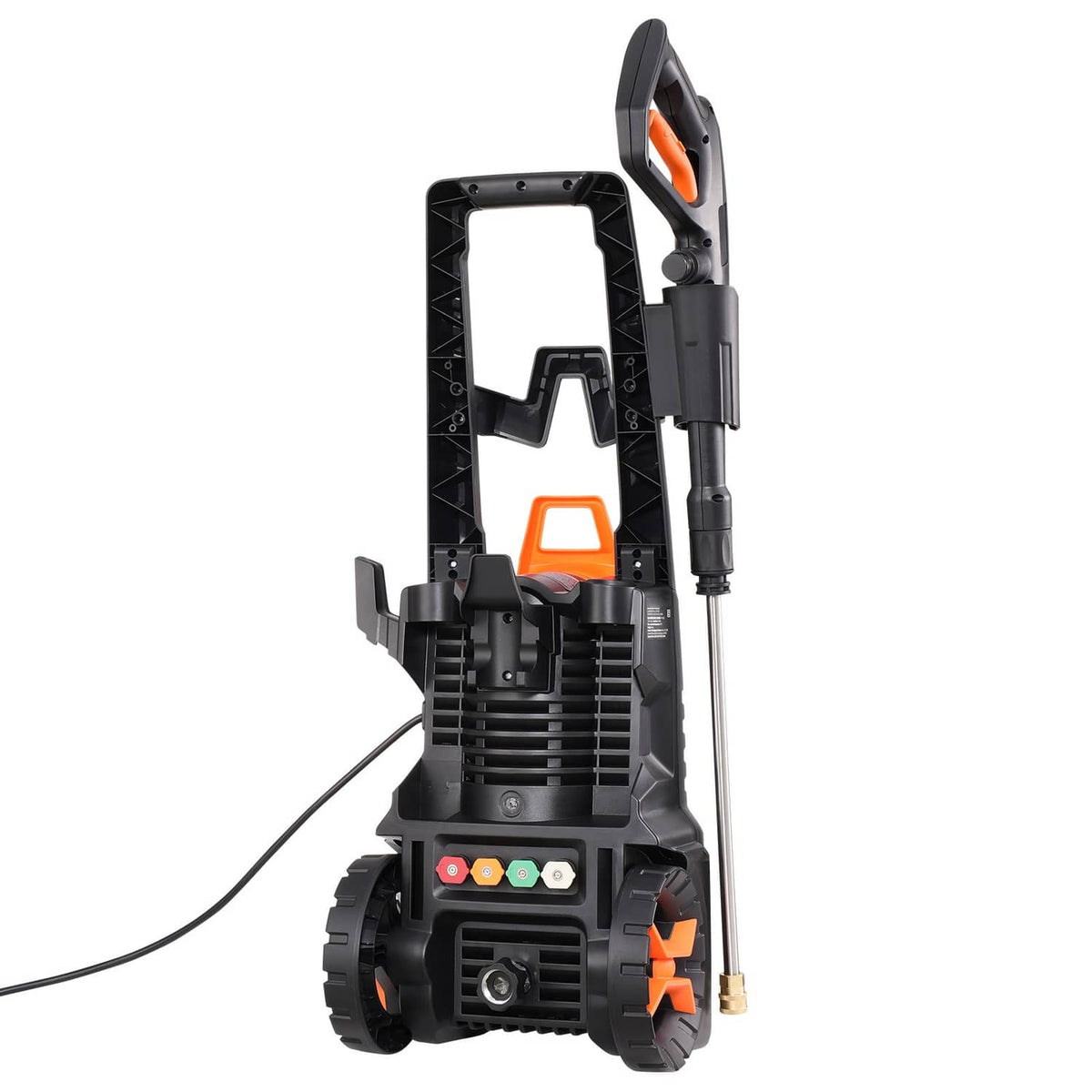 Electric pressure washer with black body, orange accents, wheels, and spray wand