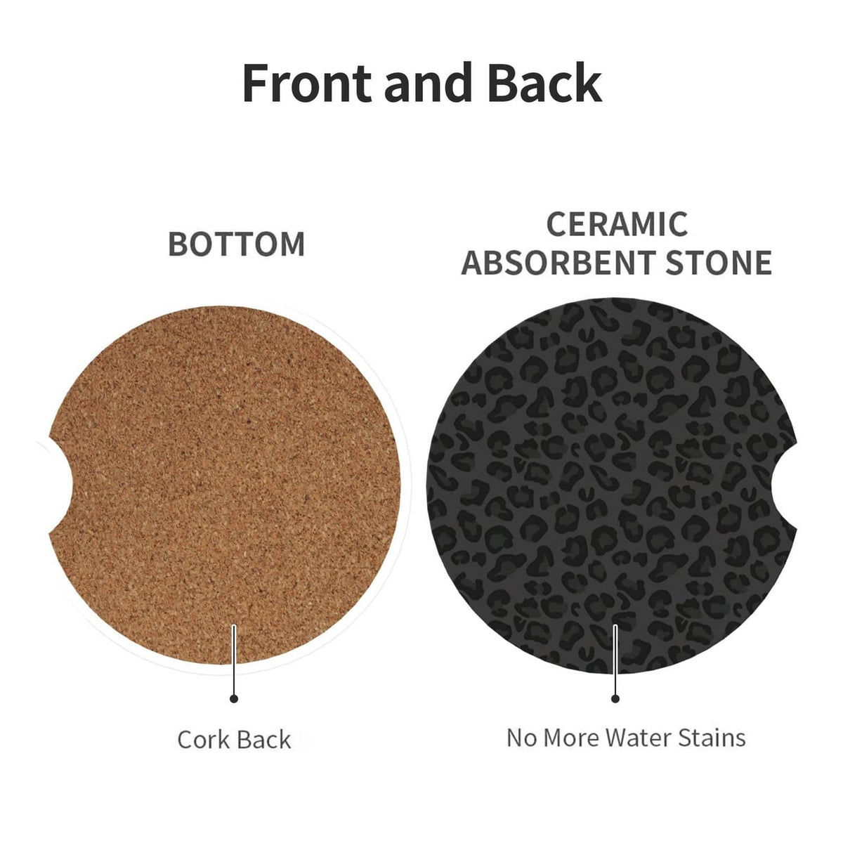 Two-sided view: black leopard print coaster top with cork back