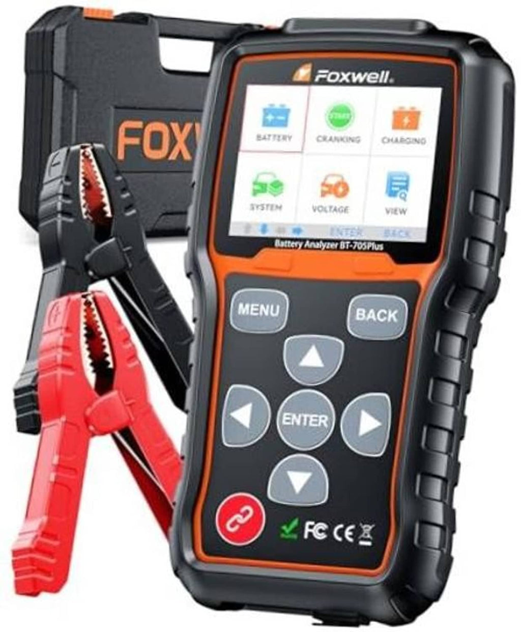 Car battery tester with red and black clamps, black and orange handheld display