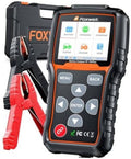 Car battery tester with red and black clamps, black and orange handheld display