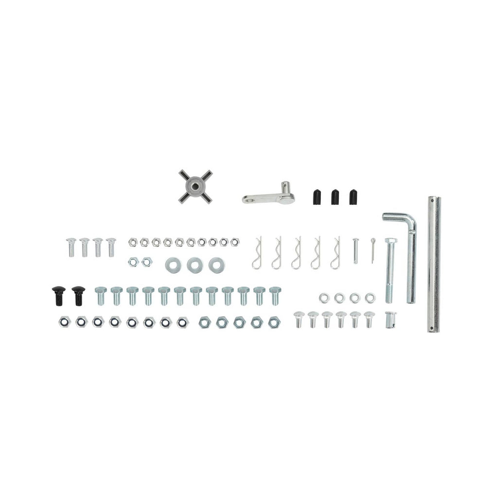 Assorted mounting hardware for snow blade plow attachment, including bolts and pins