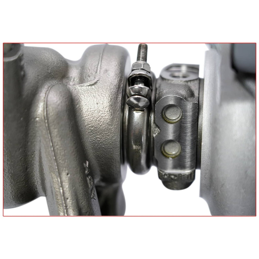 Turbocharger connection area with bolts and metal actuator detail
