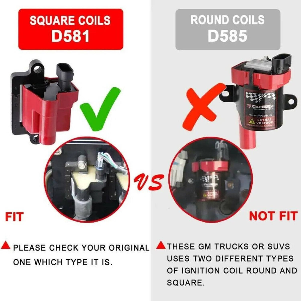 Square ignition coils with red housings and black connectors; fit comparison vs round coils