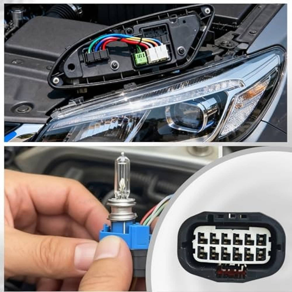 Headlight wiring connector pigtail plugged into headlamp housing